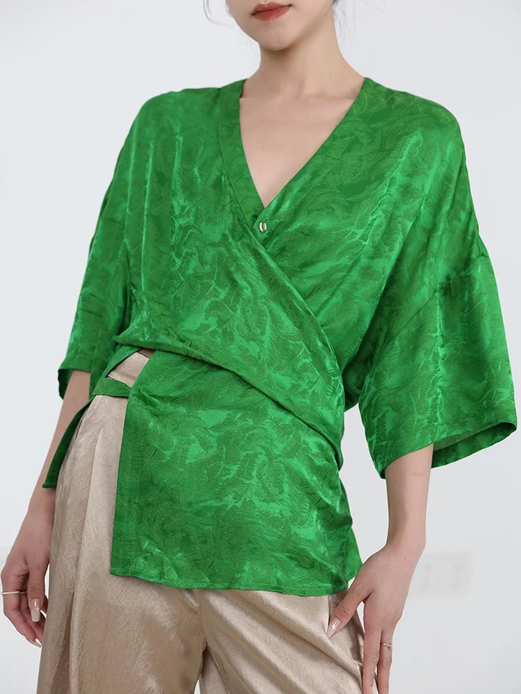 

HEE, лето 2025 г., шелковый шифон, вышитый, свободный женский топ с асимметричным узлом, защита от ультрафиолета, мягкая атласная ткань