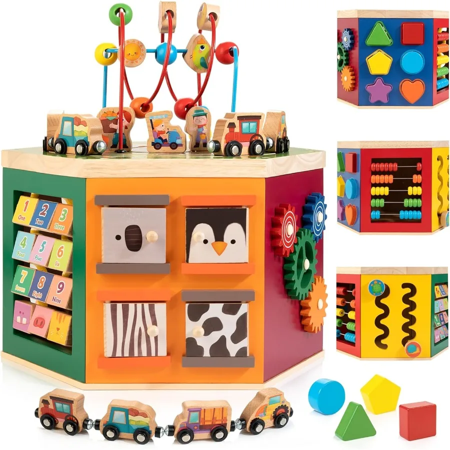

Large Activity Cube 9-in-1 Farm-Themed Wooden Play Center Multipurpose Montessori Toy for 1-2 Year Old Baby Toddler Kid First B