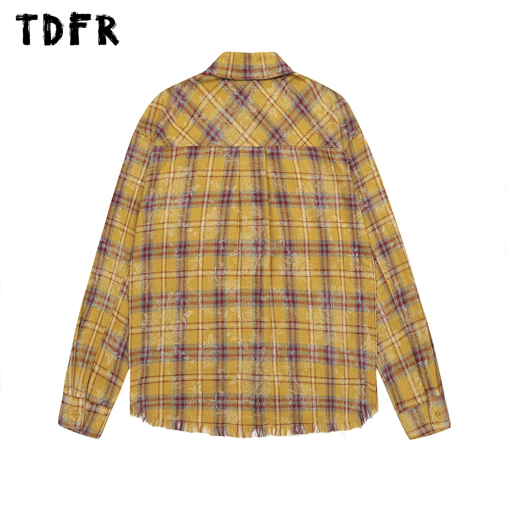 Raw Edge Plaid Long Sleeve Shirts Mens Print Autumn Retro Streetwear Pocket Lapel Single Breasted Shirts Men Tops