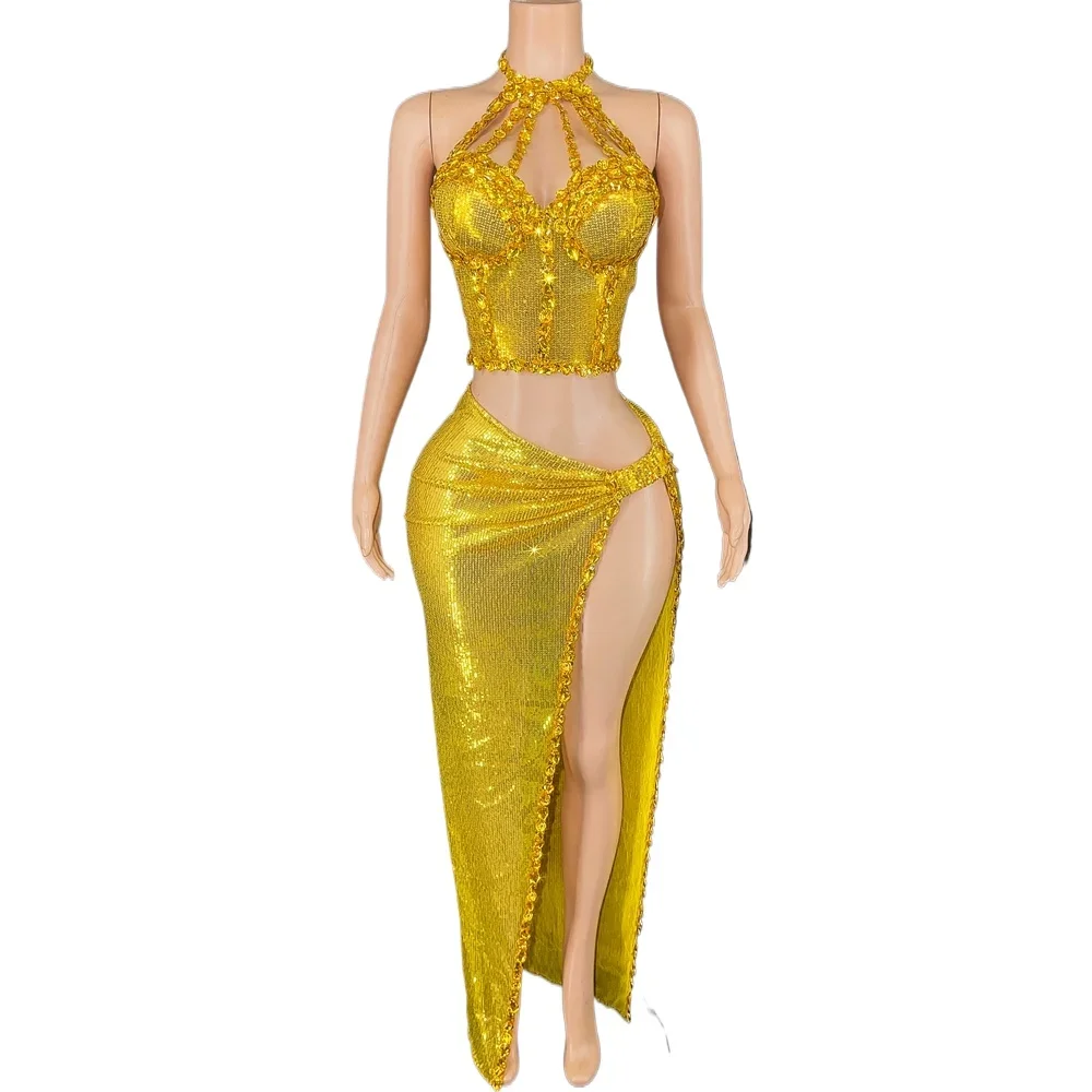 

Women Sexy Celebrate Birthday Dress Stage Dance Costume Photo Shoot Wear Sparkly Rhinestones Sequins Crop Top Two Pieces Dress