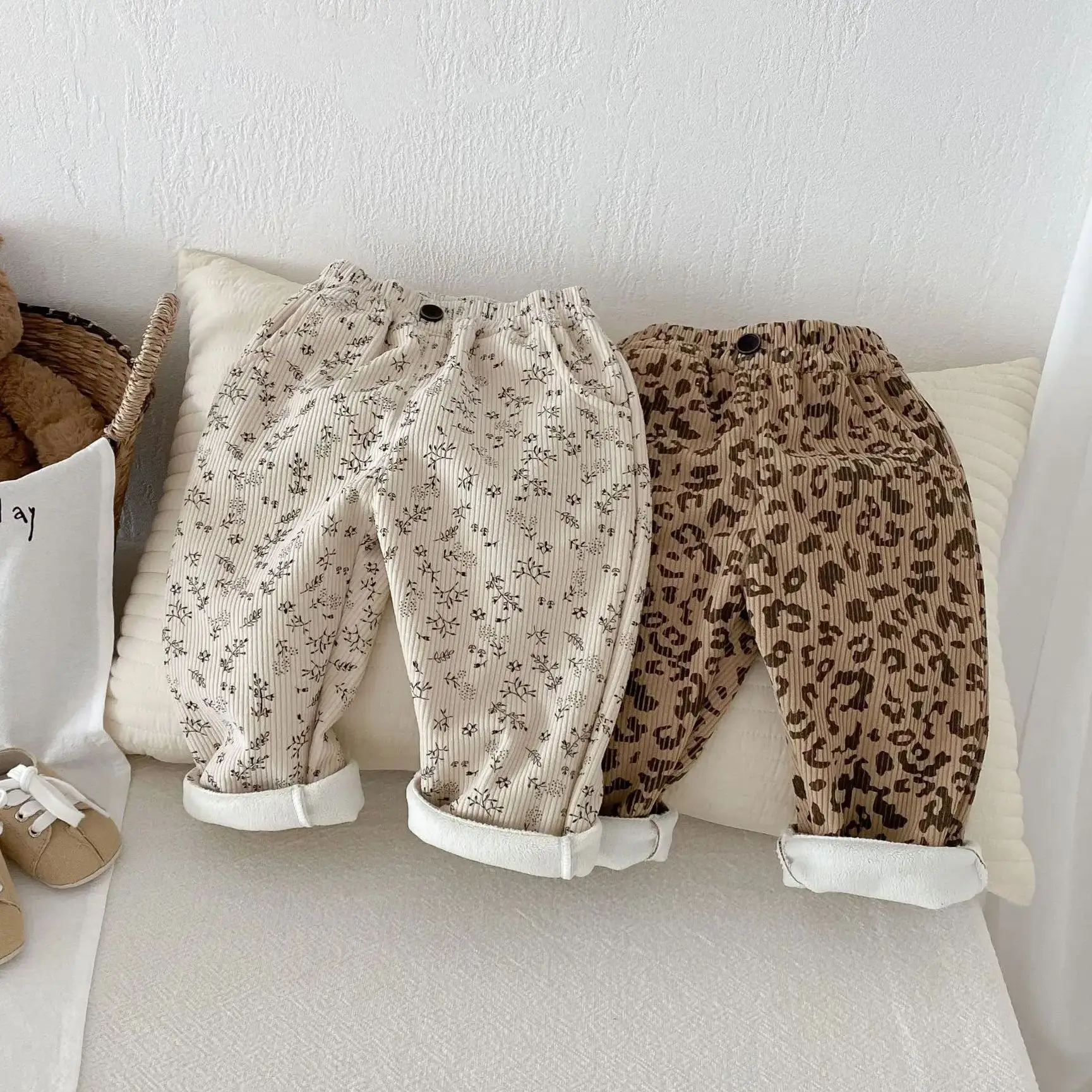 1-5 Years Full Leopard Print Warm Fleece Padded Children Pants INS Hot Floral Pattern Boys and Girls Winter Trousers