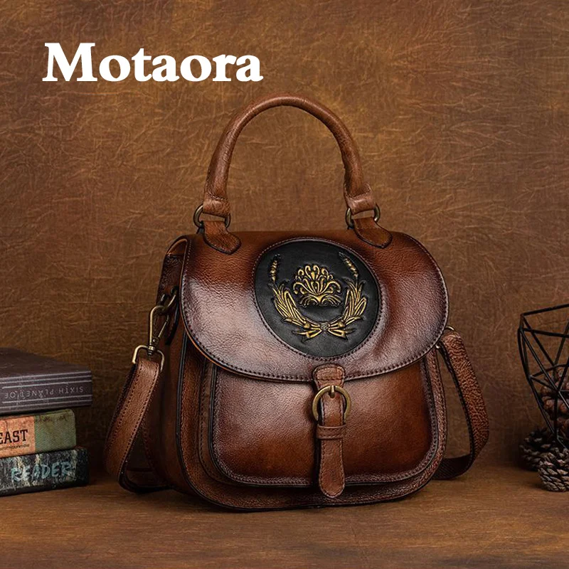 MOTAORA-Pequenas mochilas de couro genuíno para as mulheres, sacos escolares retro para senhoras, telefone ou meninas adolescentes, mochila fivela