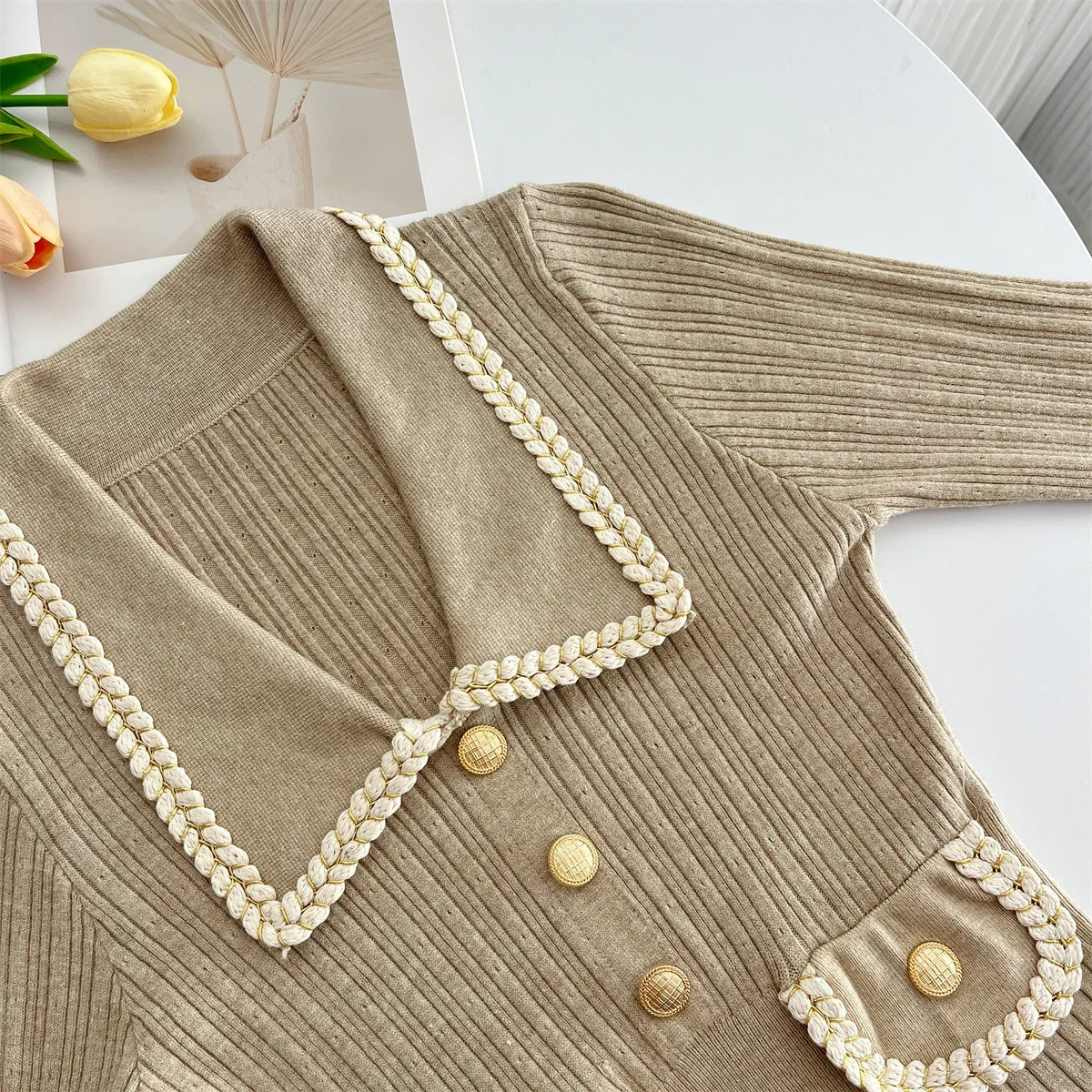 Women Elegant Knitted Dress Autumn Winter French A-line Slim Vintage Dresses Ladies Long Sleeve High Waist Long Robe Vestidos