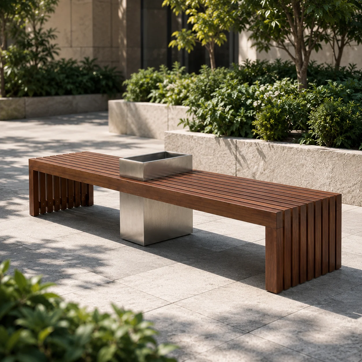 Modern Commercial Outdoor Stainless Steel & Solid Wood Patio Waiting Bench With Heavy Duty Design ForCafé