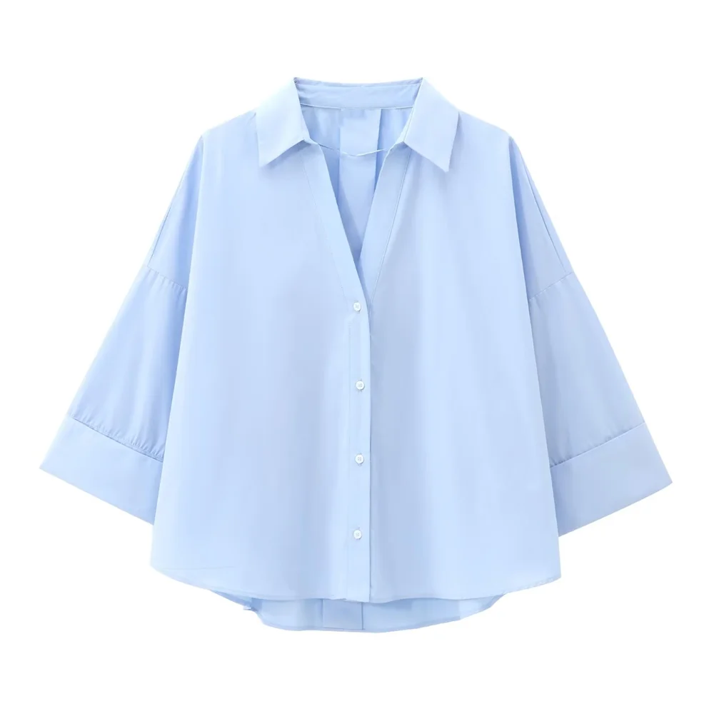 

TRAF2024 Autumn New Women's Fashion Versatile Solid Color V-neckline Buckle Design Casual Commuting Shirt