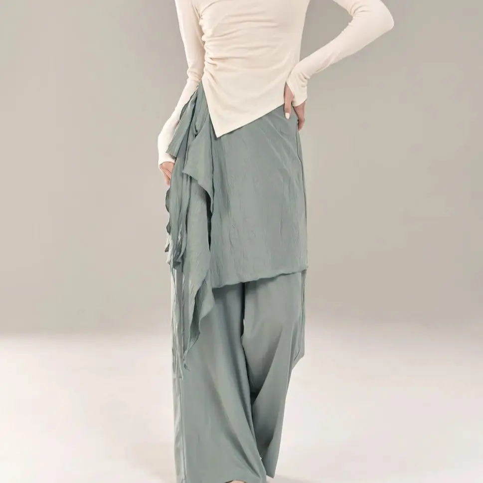 Modern Dance Fake Two-Piece Skirt Pants for Women with Wide Legs Waist Tie High Waist Elegant Training Solid Color