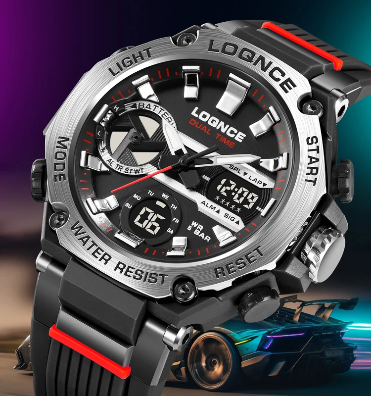 LOQNCE 98001 спортивные часы для мужчин, водонепроницаемые кварцевые наручные часы с двойным временем, мужские цифровые часы с датой, военный секундомер, Reloj Hombre