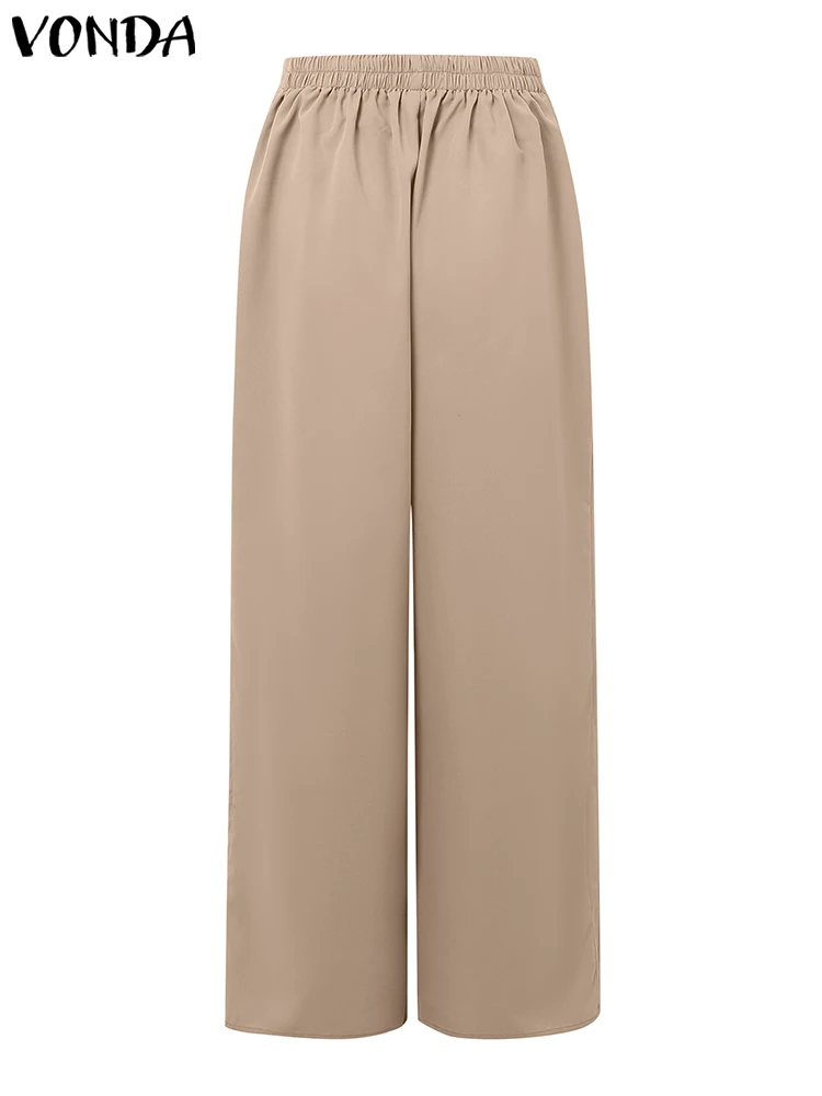 VONDA élégant pantalons longs femmes taille haute décontractée couleur unie OL bureau pantalon 2025 été ample jambe large Pantalons Streetwear