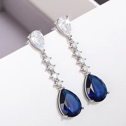 Huitan Gorgeous Waterdrop Blue Cubic Zirconia Long Hanging Earrings for Women Wedding Anniversary Party Elegant Female Jewelry
