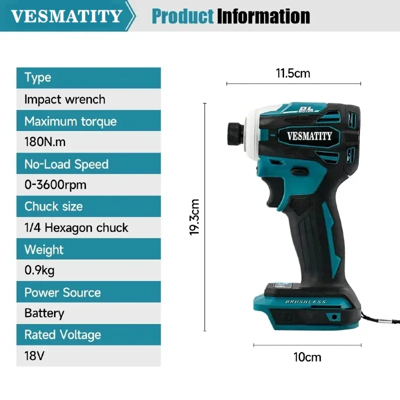 Vesmatity Drill DTD173 Brushless Impact Driver 180Nm Cordless with LED Light Screwdriver Tool 18V 20V Battery Max Pro