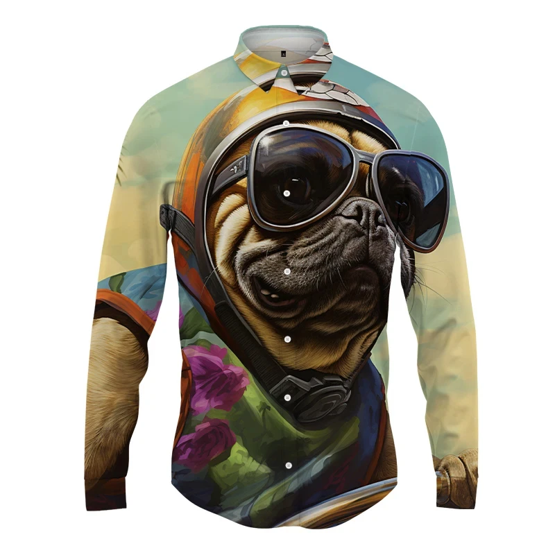 New Hawaiian Fashion High Quality Funny Dog Print Men's Shirts Casual Long Sleeve Men's Tops Shirt Man Clothes 2024 Men's Shirts