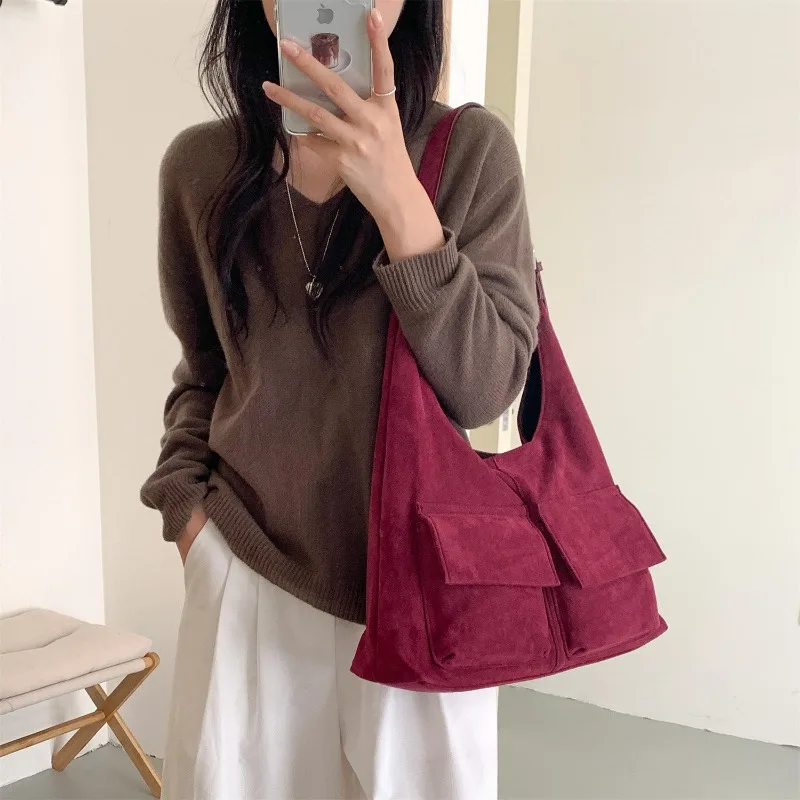New Frosted Faux Suede Tote Bag with Women Large Capacity Korean Office Commuting Bag Fashion Retro Multi Pocket Shoulder Bag