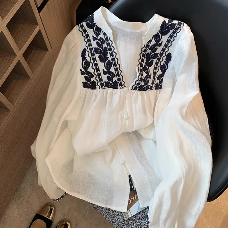 

Retro Embroidered V-neck Linen Shirt Tops For Women 2025 Spring And Autumn French Long-sleeved Blouses Boho Casual Beach Blusas