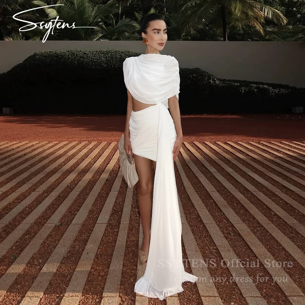 

SSYTENS Simple Ivory Short Wedding Dress Cap Sleeves With Tail Bride Dresses Backless Wedding Gowns vestidos de novia Customized