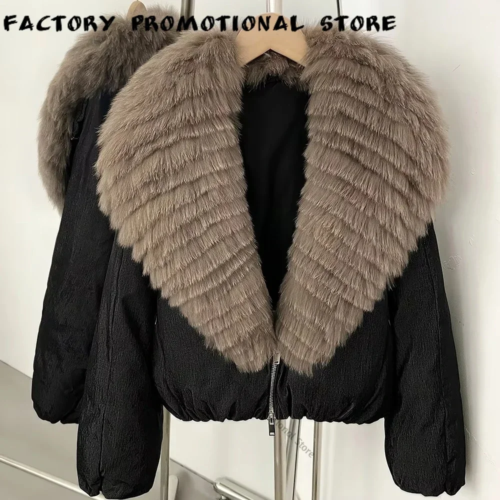 Women's Short Down Coat Oversized Real Fur Collar Jacket Full Zip Closer Warm Protection Winter Old Money Style for Daily Wear