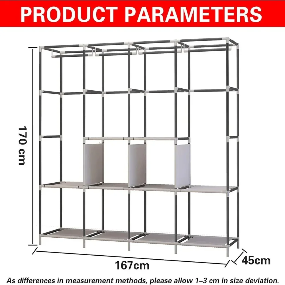 Portable Closet Large Wardrobe Closet Clothes Organizer with 6 Storage Shelves, 4 Hanging Sections 4 Side Pockets