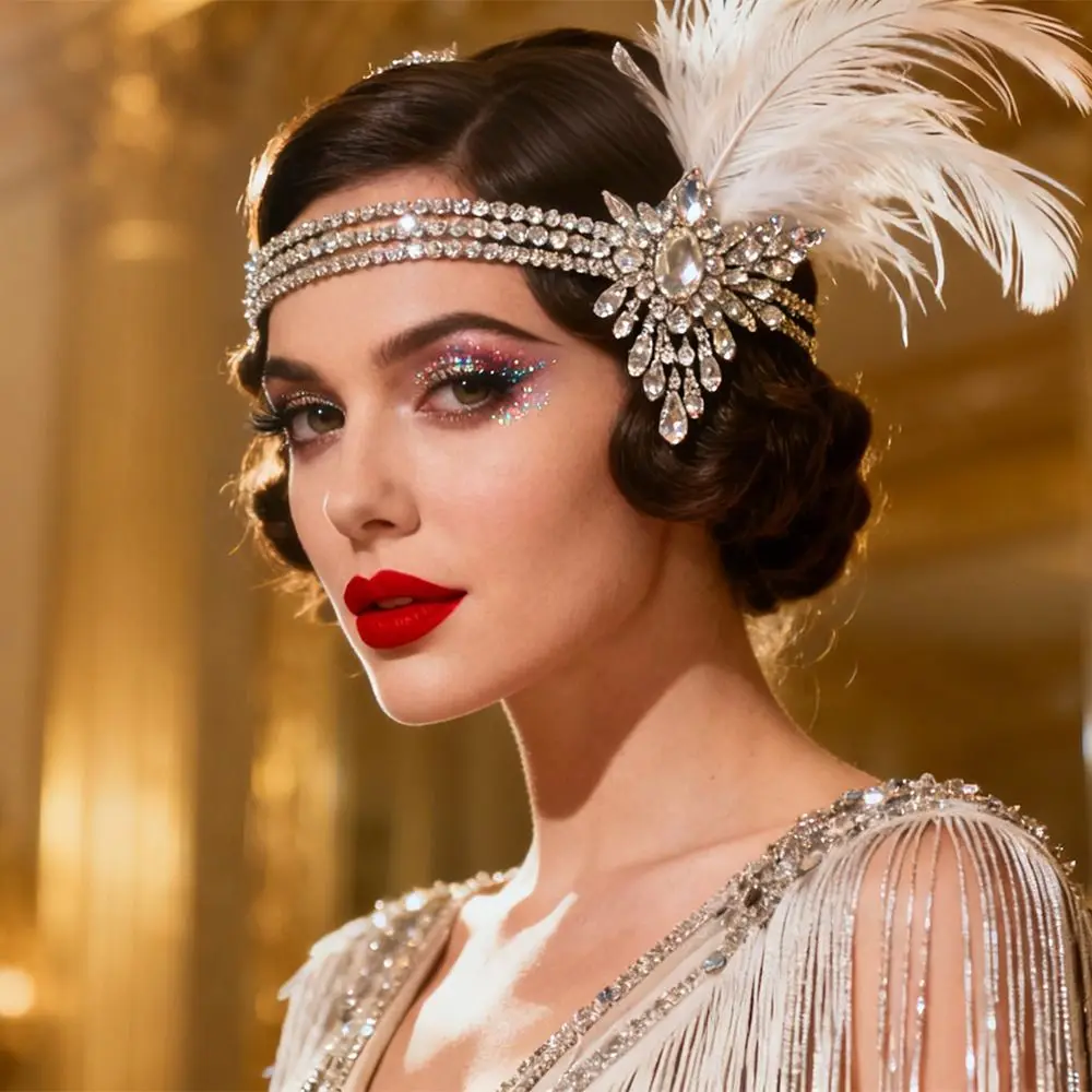 

Trendy Vintage Feather Headband Crystal Sequin Cosplay Dress Headwear Zircon Tassel 1920s Hair Accessories Bridal Headdress