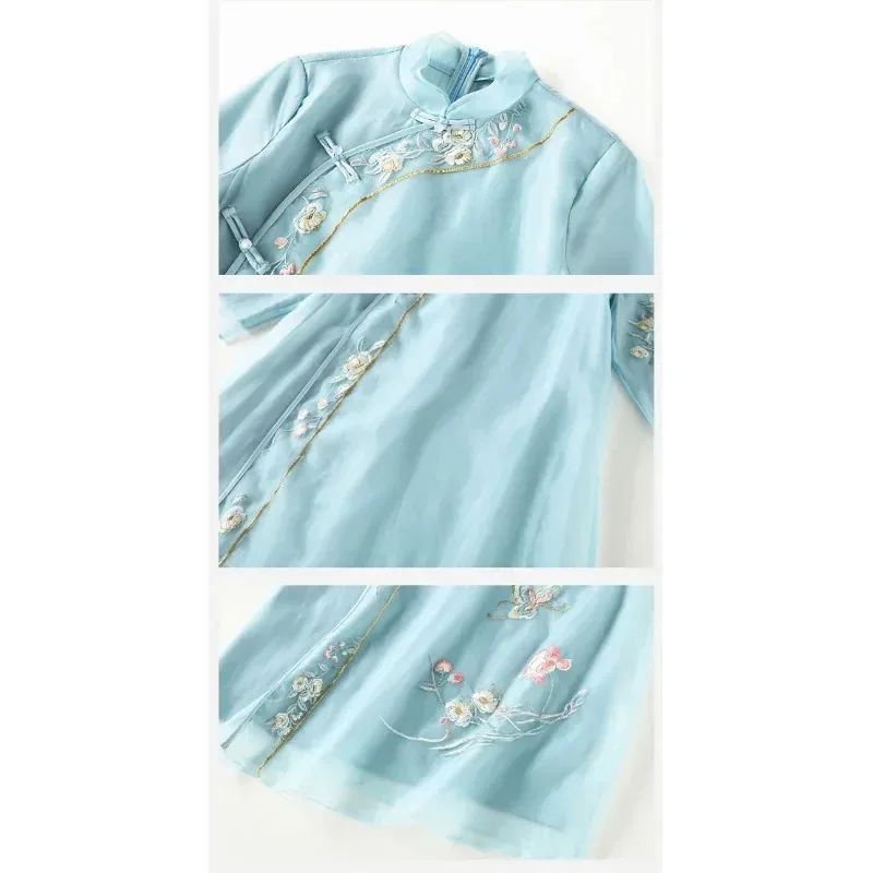 Ropa tradicional china de verano Para Mujer, Vestidos Cheongsam modernos modificados con cuello redondo y manga media azul, Elegantes Para Mujer