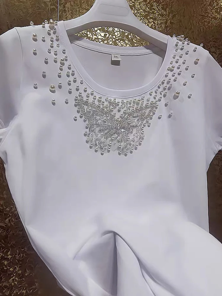 

Luxury high-end sparkling exquisite heavy-duty three-dimensional butterfly pearl temperament slim fit pure cotton T-shirt