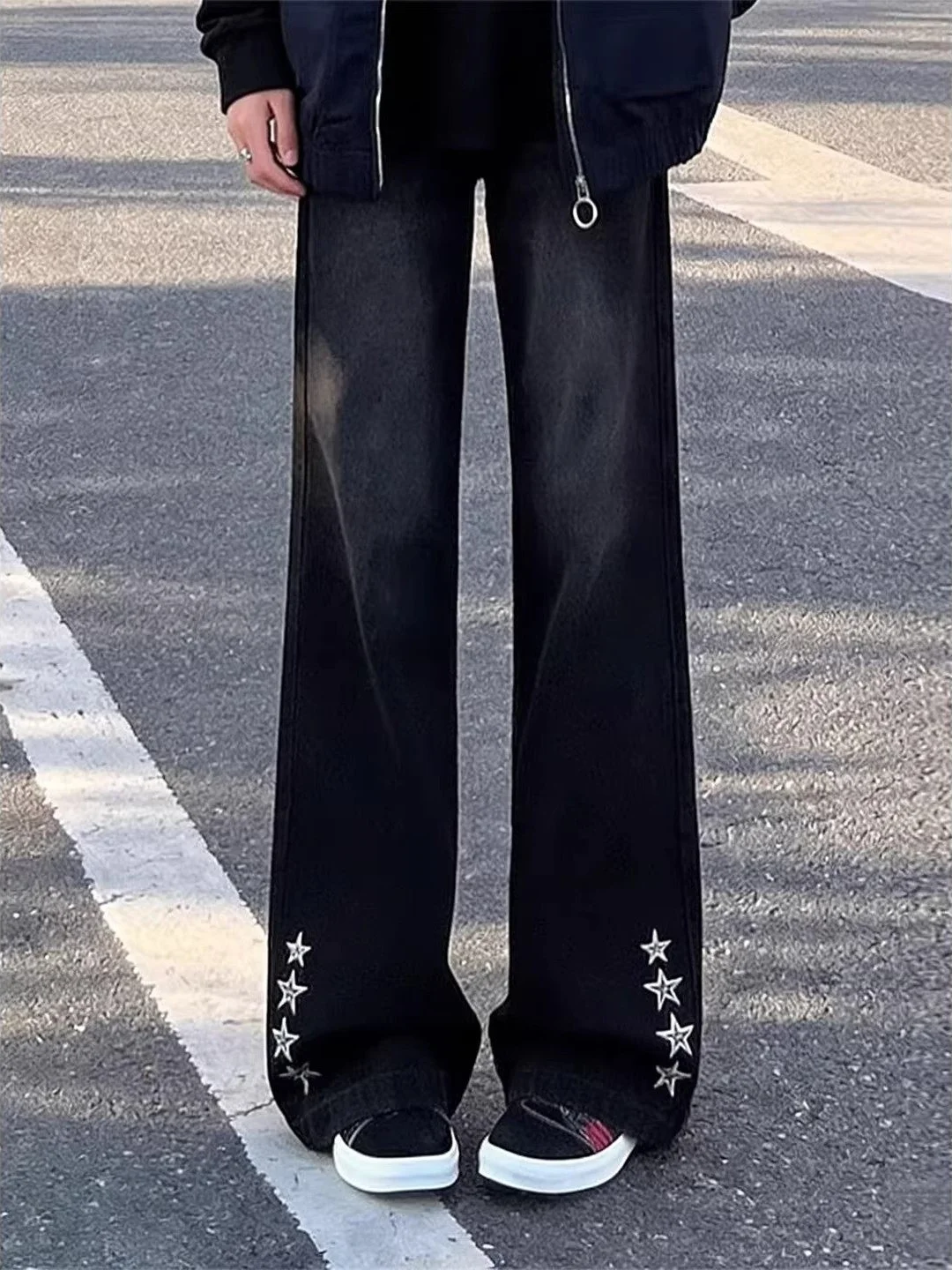 

American Vibe Star Embroidery Flared Jeans Men's High Street Straight Leg Slim Fit Long Pants Korean Sle adual Color Jeans