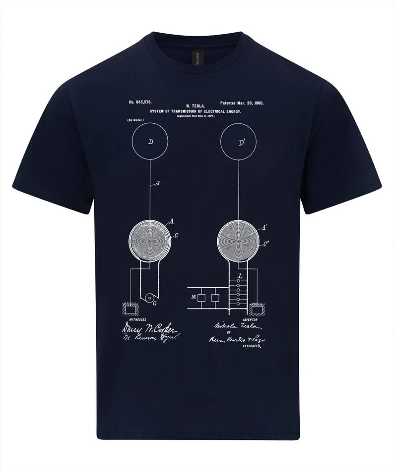 نيكولا تيسلا نظام نقل الطاقة الكهربائية تي شيرت تكنولوجيا تسلا الهندسة الكهربائية شخصية التفكيك عادية