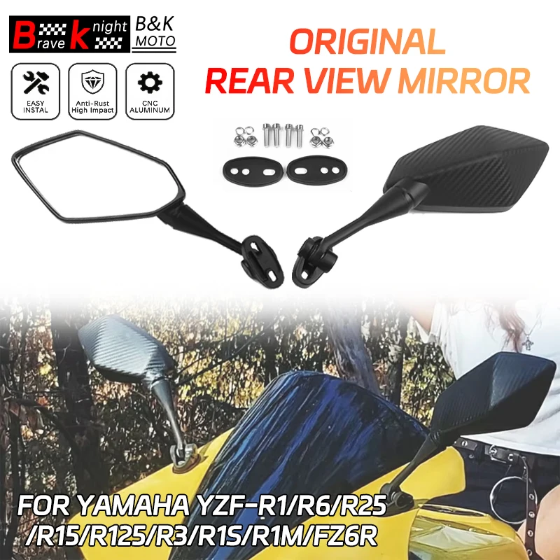 Original R1/6/25 Mirrors Motorcycle Scooter Rear View Mirror Carbon Look Black For Yamaha YZF R1 R6 R25 R15 R125 R3 R1S R1M FZ6R