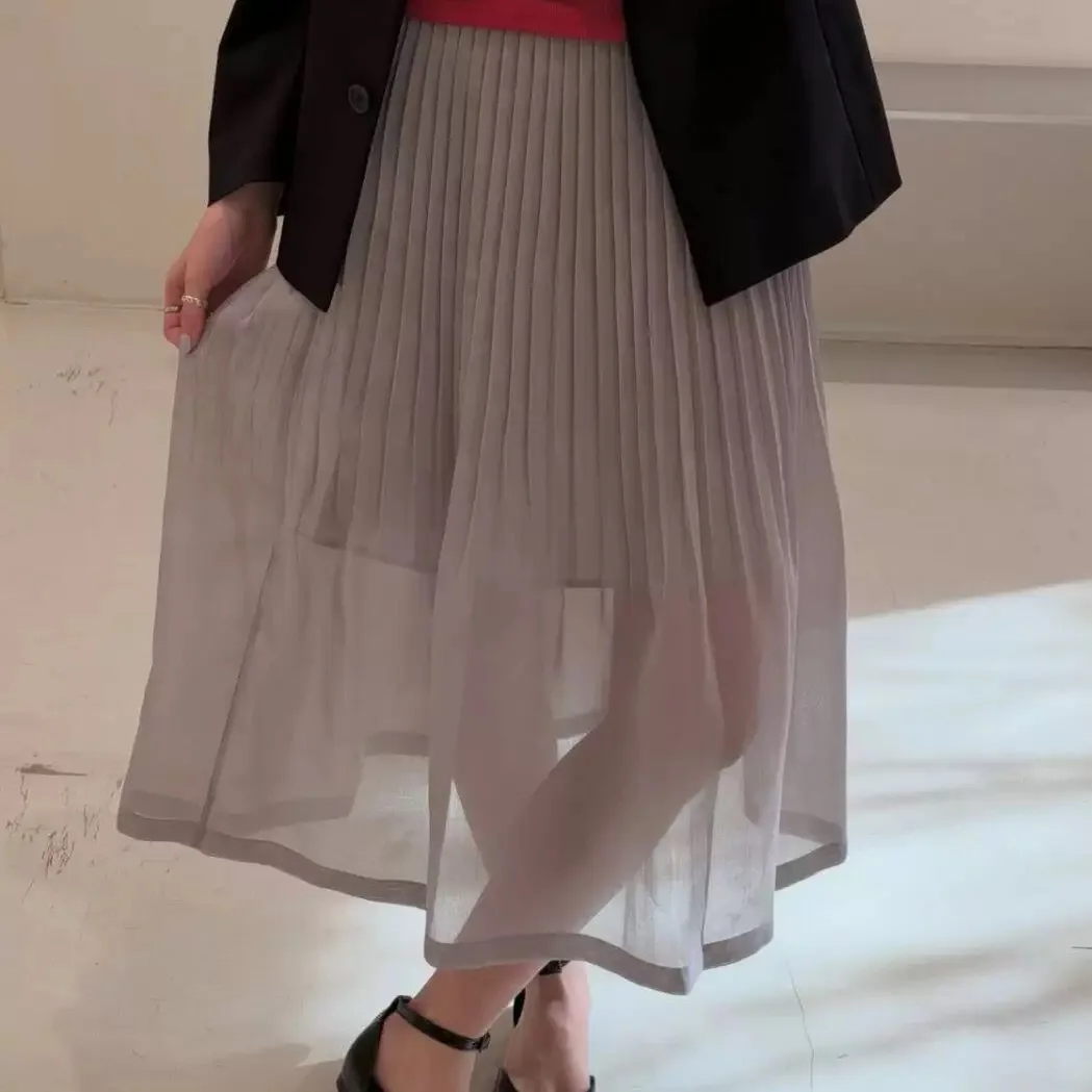 

Новая весенняя коллекция: Длинная юбка А-силуэта с плиссировкой, высокая талия, полиэстер, повседневный стиль, женская модная юбка