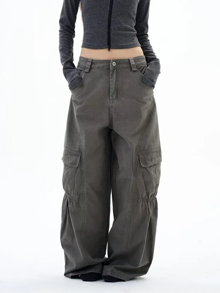 

Уличная одежда Y2K 2024, винтажные серые мешковатые плиссированные женские джинсы-карго, брюки для женской одежды, свободные прямые длинные брюки