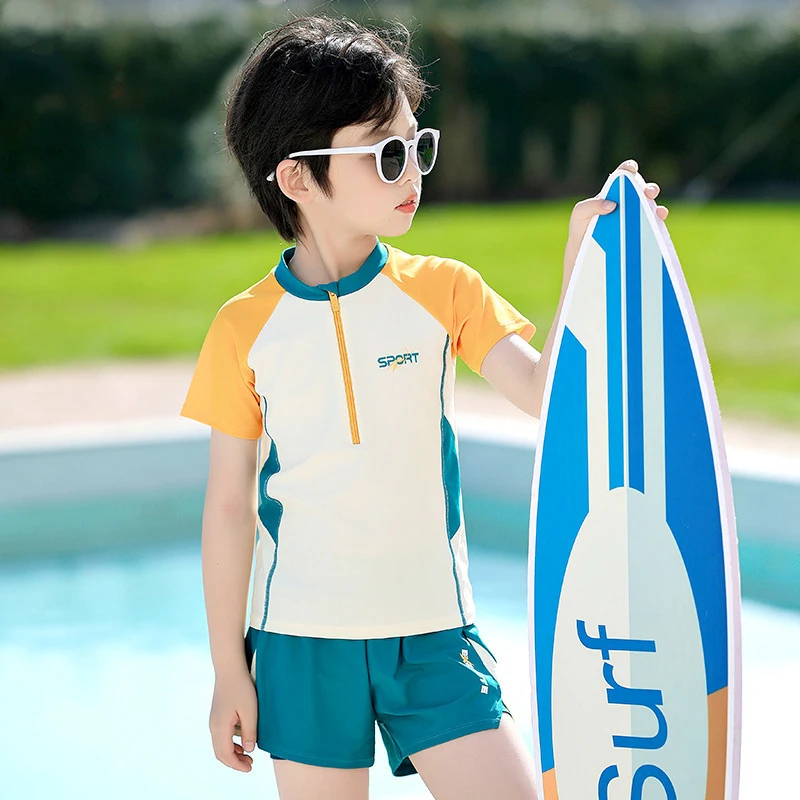 Double Layers Shorts Boys Swimwear 2 Pieces Swimsuit Kids Swimming Suit Short Sleeve  Teens Fast Dry Beachwear Bathing Suit