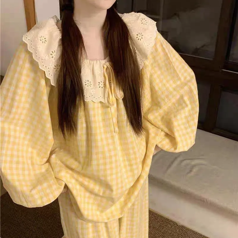 

Spring and Autumn New Women's Korean Style Sweet Large Collar Lace Trim Cloud Cotton Nightwear Girls' Casual Homewear Set