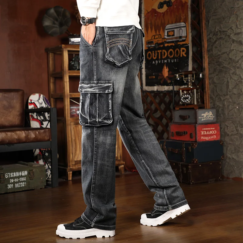 Novos modelos de outono e inverno masculino retro preto trabalho jeans masculino direto elegante jeans de alta qualidade tamanho grande 28-44