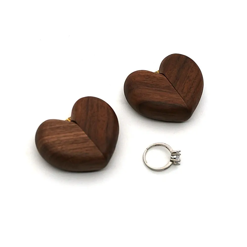 Walnut Wood Wooden Ring Box Vintage Durable Heart Shaped Ring Holder Portable Reusable Jewelry Organizer Box Engagement