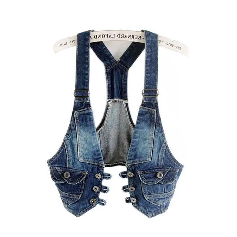 Women Summer Waistcoat Denim Sleeveless Casual Outerwear Female Short Tops Cool Single-Breasted Blue Sling Moto Biker Vests