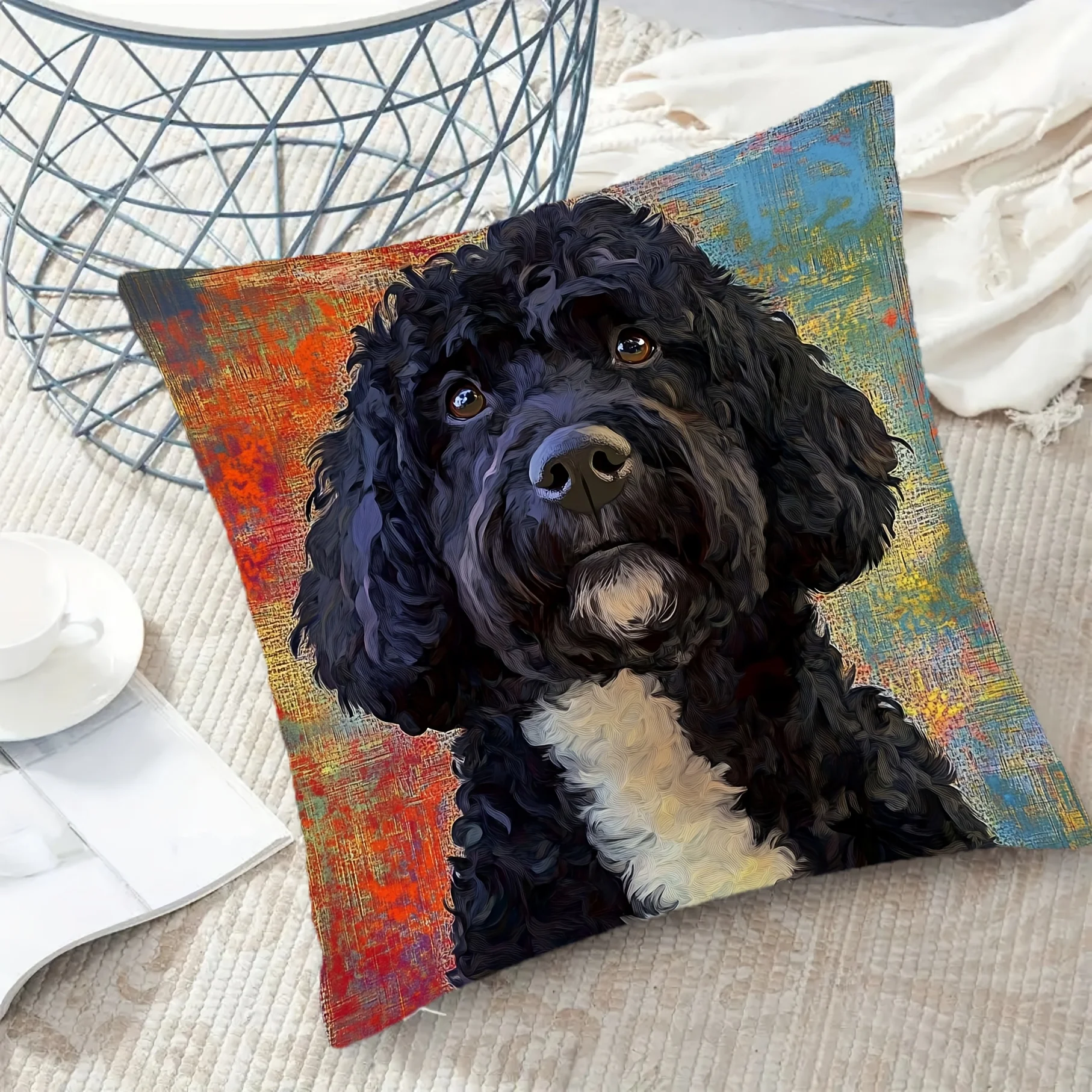Black Dog Poodle Cushion Pillowcase Throw Pillow Pet Portrait Gift Decor Home Decor Canvas Art 40x40cm Dog Mom Pet Lover Gift