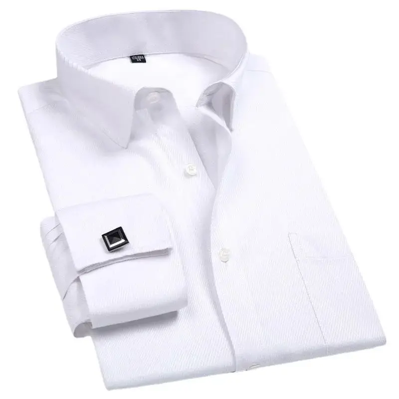 2024 Men's French Cuff Dress Shirt with Cufflinks New White Long Sleeve Thickened Fleece  Collar Autumn Season Special Wi...