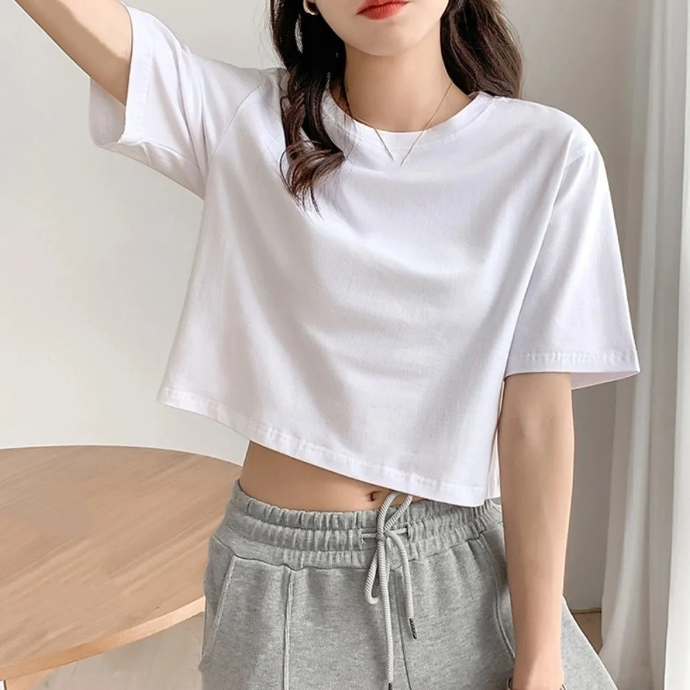 

Y2K Spicy Girl U Neck Ultra Short T-Shirt Streetwear Korean Style Korean Short Tops Loose Tanks Black White Crop Top Sports