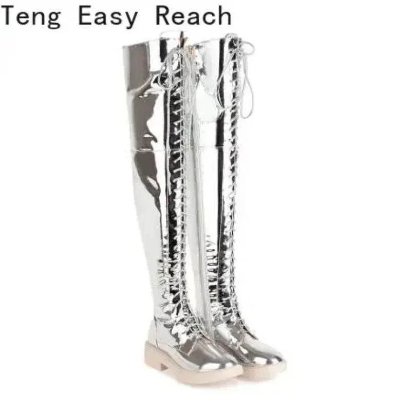 2025 Spring Autumn Lacing Knee High Boots Women Fashion White Square Heel Long Boots Woman Leather Shoes Winter Large Size 34-43