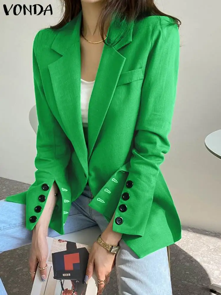 

VONDA Women OL Office Elegant Blazer 2023 Autumn Casual Lapel Collar Long Sleeve Tops One Button Coats Loose Solid Color Blazer
