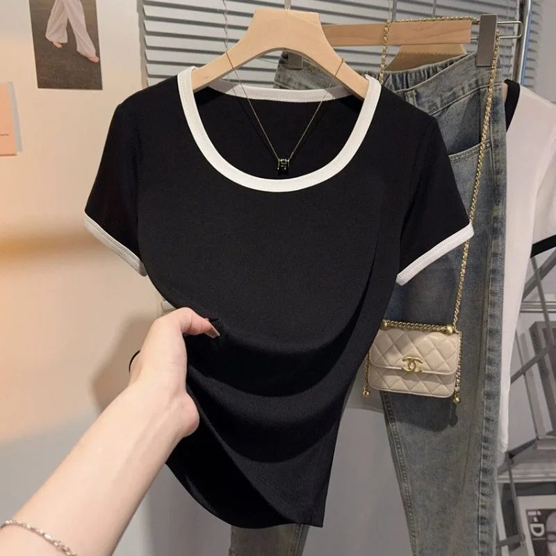 Women Contrast Trim U Neck Short Sleeve T Shirt Premium Cotton Slim Fit Shoulder Fixed Casual Basic Summer Versatile Top