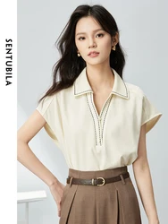 SENTUBILA Polo Collar Cropped Cotton T-shirt 2024 Summer Apricot Short Sleeve Tops For Woman Simple Loose Pullovers 142B54701