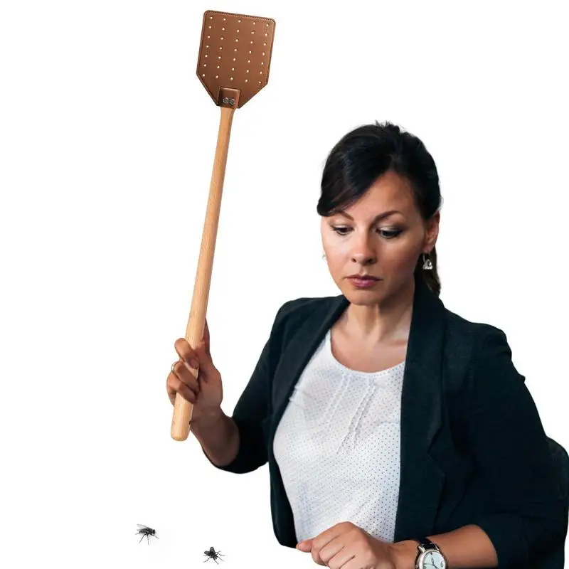 PU leather Fly Swatter Extended Wooden Handle Household Mosquito Repellent Swatter Thickened And Durable leather Fly Swatter