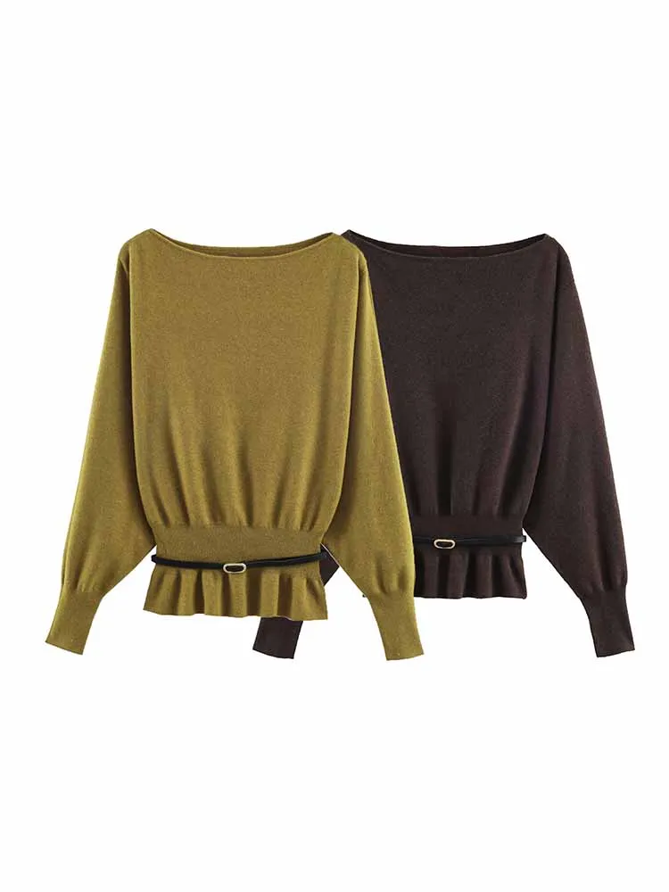 

HH Woman Early Spring Versatile Fashion Long Sleeves Boat Collar Solid Color Knitted Pullover Female Commuting Knitted Sweater