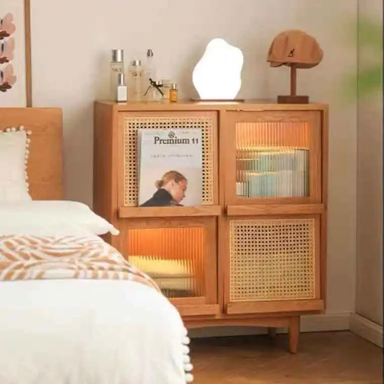 Japanese rattan bookcase Nordic solid wood magazine cabinet Sofa storage cabinet Living room locker