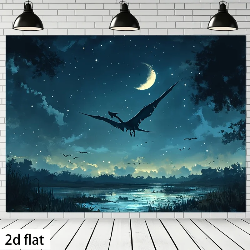 نسيج الزواحف الليلية النابضة بالحياة - تصميم الزواحف المجنحة الساحرة مع اكتمال القمر والنجوم، مثالي لديكور المنزل والحفلات،