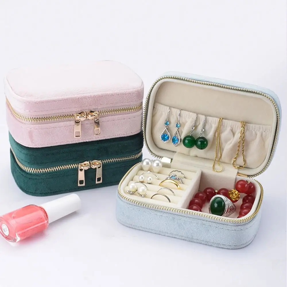 

Zipper Closure Jewelery Storage Case Square Flannel Lining Portable Jewelry Box Velvet Exquisite Travel Jewelry Case