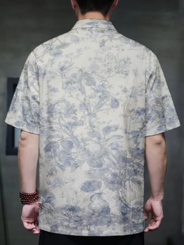 Men's New Chinese Style Tang Suit Shirt  Casual Flower Print Mandarin Collar Frog Buttons Short Sleeve Summer Street Tops