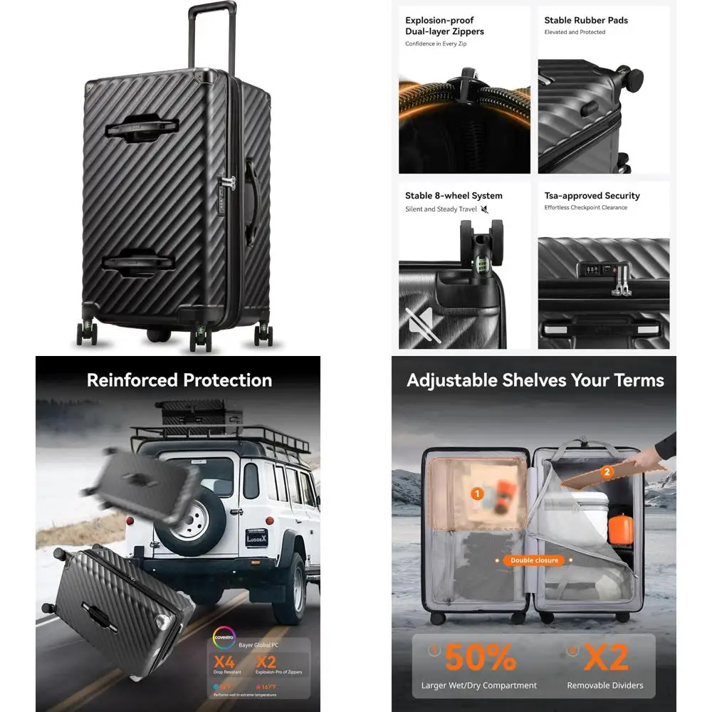 

расширяемая спиннерная сумка с твердым корпусом, 28 дюймов, большая вместимость, черные, амортизирующие колеса, 92-105 литров