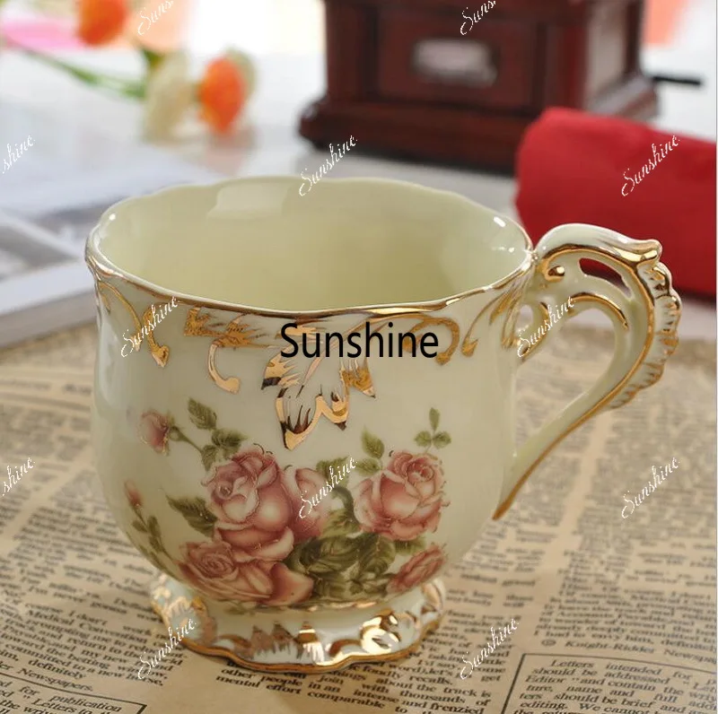 Pastoral Rose Bone China Tea Cup Saucer Spoon Set Europe Porcelain Coffee Cup 200ml Mug Tray Cafe Tumbler Party Drinkware
