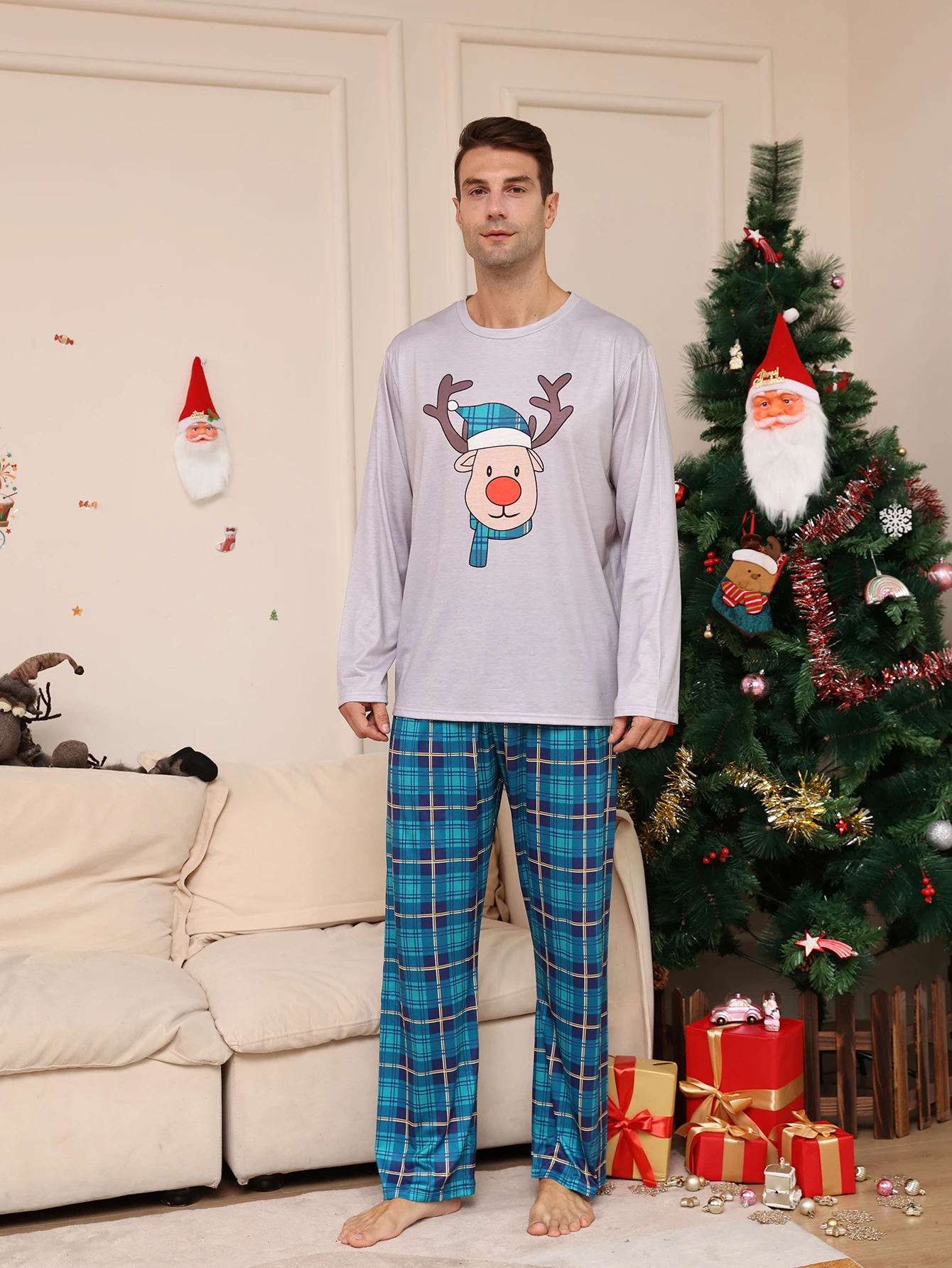 

Men's Christmas Pajama Set - Reindeer Print Long - Sleeve Top & Festive Plaid Pants, Cozy Holiday Loungewear