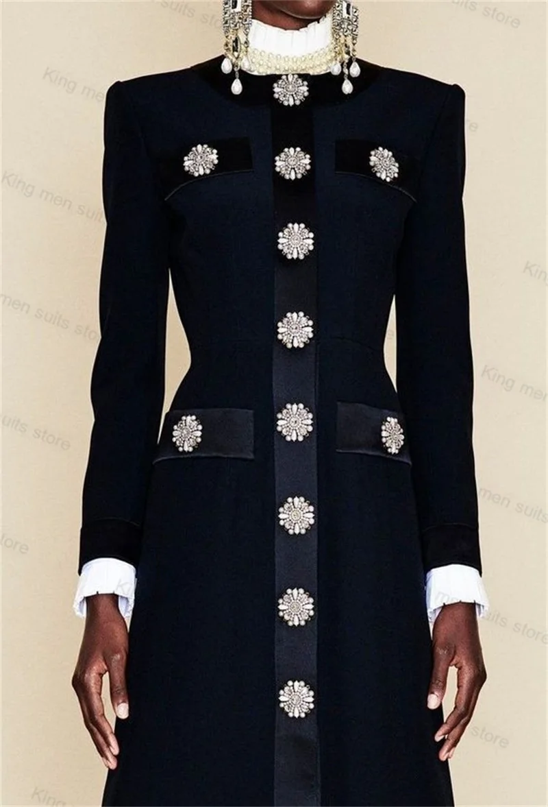 Black Women Suit Skirt 1 Piece Long Prom Dress With Crystals Customized Formal Office Lady Wedding Tuxedos Jacket Blazer